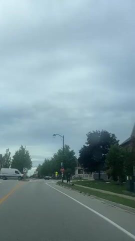 A person is mowing a lawn next to a street with a white van parked in the background. The sky is overcast. There are houses and trees on the side of the road. The person is wearing a dark t-shirt and shorts and pushing a lawn mower. The van is white with a ladder on top. The street has a white line painted down the middle. There is a stop sign visible.