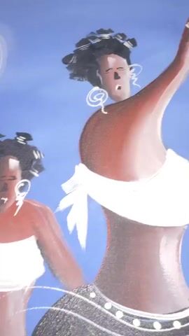The video shows a close-up of a painting featuring two women. The background is a solid light blue. The women are stylized with dark brown skin, black hair, and white clothing. One woman is larger, with her back to the viewer, her right arm raised, holding a white cloth. The second woman, smaller and closer to the viewer, stands with one arm extended. Both figures wear large, circular white earrings. The skirt of the larger woman is black with a white decorative pattern. White swirl patterns appear in the background. The video focuses on the texture of the painting and the artistic style.