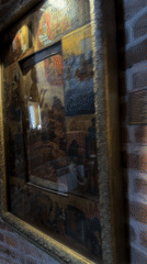 Visitor views Orthodox icons in Moscow historic building