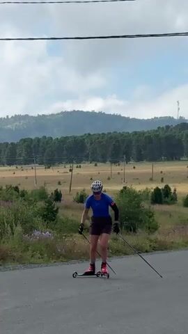 A person wearing a helmet, sunglasses, a blue shirt, and dark shorts is roller skiing on an asphalt road. They are wearing roller skis on their feet and using ski poles for propulsion and balance. The person is in motion, leaning forward and pushing off with the poles. The background consists of a grassy field with scattered trees and bushes, rolling hills covered in trees, and a cloudy sky. There are power lines and utility poles visible in the distance. The scene appears to be in a rural or mountainous area.