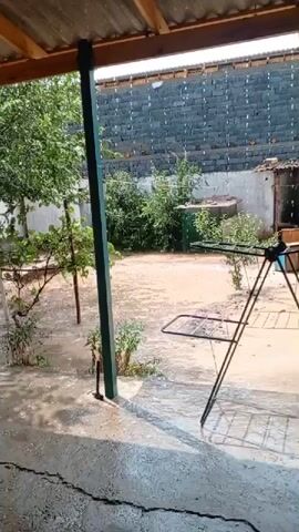 A shot of a backyard during a rain shower. The camera is positioned under a covered patio, looking out at a dirt yard. A clothes drying rack stands in the middle of the yard. There are trees and bushes around the yard, and a brick wall at the back. Rain is falling heavily, creating splashes on the ground and the patio. The water is pooling in some areas of the yard. The sky is overcast. The scene is illuminated by natural daylight.