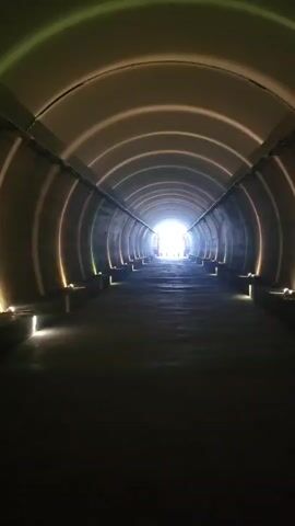 The video shows a person walking through a dimly lit tunnel. The tunnel has a rounded ceiling with lights that cast concentric rings of light. The walls of the tunnel are dark, and there are small lights along the base of the walls. The person is walking towards a bright light at the end of the tunnel. The camera is facing the person's back.