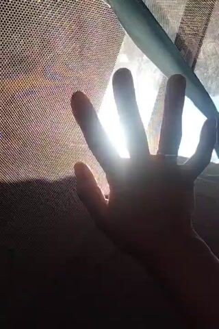 A hand is held up in front of a bright light, presumably the sun. The hand is silhouetted against the light, with its fingers spread apart. The background appears to be a window with a screen or net. The video is shaky, suggesting it was filmed handheld.