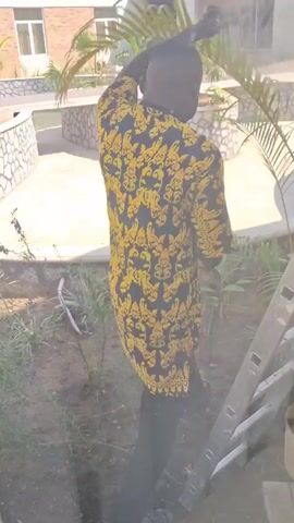 The video shows a person in a black and yellow patterned top, holding plants, standing in a yard with a newly constructed or renovated area. The person walks away from the camera, then the camera moves to focus on the environment. There is a ladder standing against what seems to be a window. Outside, the yard includes a light-colored, oval-shaped area surrounded by a low stone wall, possibly a pond or decorative feature. Small palm trees and other plants are visible in the yard. In the background, a modern white building with a brick accent is seen. The sky is visible, indicating an outdoor setting.