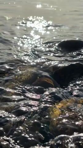 This short video clip captures a close-up view of shallow, flowing water over smooth, dark stones. The sun is shining brightly, creating a shimmering effect on the surface of the water, with numerous sparkles reflecting light. The water appears clear, and some of the submerged stones are visible beneath the surface. In the background, the water extends further, with more indistinct shapes of stones and a brighter, out-of-focus area that suggests a larger body of water or the sky. The overall impression is one of natural beauty and tranquility. The sunlight suggests it is daytime, likely a clear or partly cloudy day. The context of Taarbæk, Denmark, implies a coastal or freshwater environment. There is no text visible in the media file.