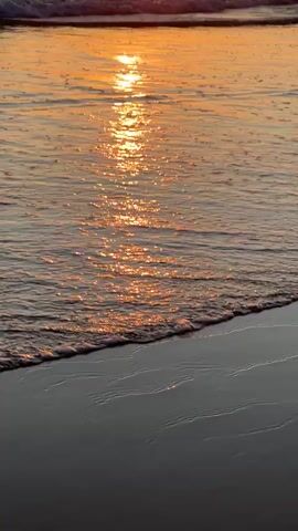 This is a vertical video clip showing a sunset over the ocean at a beach. The sun is a bright, glowing orb low on the horizon, casting a shimmering path of light across the water. Gentle waves roll towards the shore, creating a soft foam at the water's edge. The sky is a gradient of warm orange and yellow hues, blending into a softer tone as it rises. The wet sand in the foreground reflects the warm light of the sunset. There is no text visible in the video. The overall mood is peaceful and serene, evoking a sense of natural beauty and tranquility. The scene suggests a temperate climate, likely a warm evening. Given the location context of Vejer de la Frontera, Spain, this could be the Atlantic coast of Andalusia, known for its stunning sunsets. The time of day is clearly sunset.