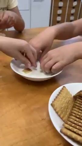 The video shows children dunking cookies in a bowl of milk. The children’s hands are visible as they dunk the cookies into the milk. A plate of cookies sits on the table beside the bowl of milk. The cookies are rectangular and have a waffle pattern. The table is made of wood and there is a white cabinet in the background. There are people in the video. They are dipping cookies in the milk.