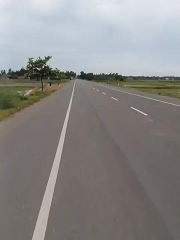 A slightly shaky, first-person video shows a paved road stretching into the distance. The road is marked with a white line on the left side and dashed white lines in the center. On the left of the road are rice paddies and a tree. On the right are more rice paddies and scattered trees. In the distance, there are some buildings and a few motorcycles or scooters are visible on the road. The sky is overcast.