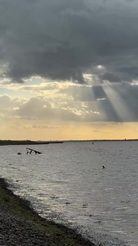 The video shows a view of a body of water under a cloudy sky with sunbeams breaking through. A stony shoreline is visible on the left.  Several objects, possibly pieces of wreckage, are partially submerged in the water. Distant land is visible on the horizon. The water is slightly choppy, and the overall scene conveys a sense of tranquility despite the somber lighting.