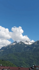 Snow-capped peaks and artificial flowers in Krasnaya Polyana
