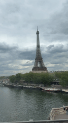 Eiffel Tower viewed from multiple angles on cloudy Paris afternoon