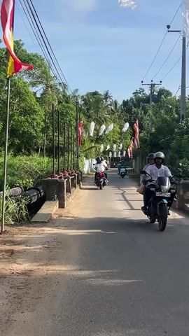 The video depicts a road in Sri Lanka, lined with green foliage on either side. Motorbikes traverse the road, some carrying multiple passengers. The road is decorated with Buddhist flags and white paper lanterns hanging from overhead wires, creating a festive atmosphere. The sky above is a clear blue, adding to the bright, sunny ambience. The road surface appears somewhat uneven, and a small concrete bridge with a metal gate system is visible at the start of the video. Utility poles are present along the roadside, carrying power lines. The video's perspective suggests it was filmed from a moving vehicle traveling along the same road.