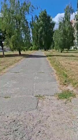 The video shows a paved path through a park-like area with trees on either side. The path appears to be made of concrete sections. The grass on the sides of the path is dry and yellowed, suggesting it might be summer. There are several tall trees with green leaves. In the background, a building with light-colored walls is visible, along with a clear blue sky with white clouds. The camera is moving forward along the path.
