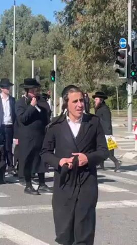 The video shows a group of Orthodox Jewish men in black hats and coats standing on a crosswalk at a street intersection. The traffic light above them changes from green to red. The man in the foreground is tying the belt of his coat while looking directly at the camera. The environment includes trees and a clear blue sky in the background.