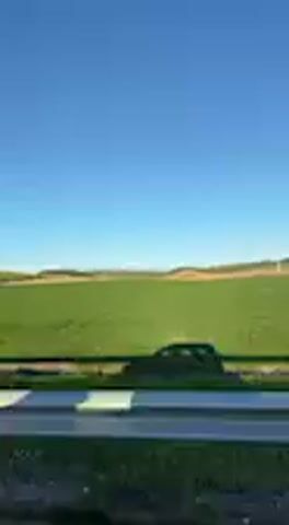 The video captures a rural landscape from a moving vehicle on a clear, sunny day. In the foreground, a metal guardrail is visible, and the shadow of the vehicle, likely a car, is cast on the ground below. The scene is dominated by vast, vibrant green fields stretching towards the horizon. In the distance, undulating hills or land formations can be seen, with patches of both green and brownish-yellow vegetation, suggesting agricultural land. A white pole with black markings briefly appears on the right side of the frame as the vehicle progresses. The sky is a cloudless, bright blue. No people or text are visible in the video, which aligns with a scenic drive through the countryside in Paterna de Rivera, Spain.