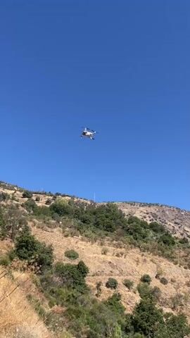 A drone with four rotors and a white body is visible against a clear blue sky. The drone is hovering over a dry, grassy hillside dotted with sparse green trees. The hillside appears to be a natural landscape with a rough, uneven terrain. The drone is centrally located in the frame, and its propellers are in motion, indicating it is actively flying. The sun is bright, casting sharp shadows.