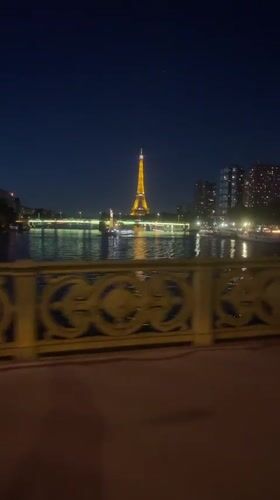 Eiffel Tower glowing at night over the Seine