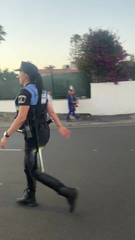 The video shows a group of people walking along a street on a sunny day. In the first shot, three men are walking on the sidewalk. Two of them are wearing what appears to be baseball uniforms and the other is wearing a blue suit.  A blue and white police car drives past.  The next shot shows a band walking in the street, playing instruments, with people on the sidewalk cheering and waving. There are houses with white walls and greenery behind the people on the sidewalk. Palm trees are in the background.