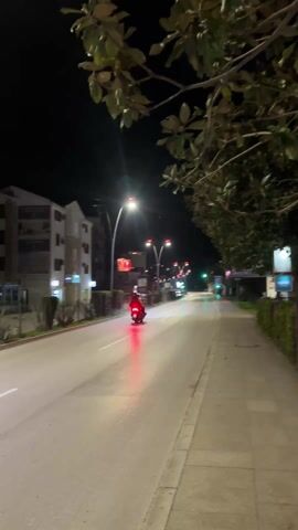 The video shows a nighttime street scene. A motorcycle with a red tail light is traveling away from the viewer down a well-lit road. The road is flanked by sidewalks, trees, and buildings. Streetlights illuminate the scene. The sky is dark. There is no visible pedestrian or animal traffic on the street. A building with advertising signage is visible on the left.