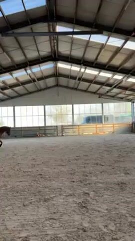 The video shows a person riding a brown horse in an indoor riding arena. The rider is wearing dark clothing and a helmet. The arena has a sand floor and a metal roof with large windows along one wall. There are some objects set up along the fence. The horse and rider are moving to the left of the frame.