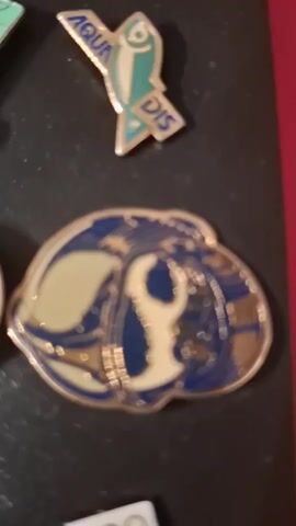 The video shows a close-up of several enamel pins displayed on a dark surface. In the top center of the frame, a golden pin shaped like a fish with "AQUA DIS" written on it in blue and teal is visible. Below it, a larger, oval-shaped pin features a blue and gold abstract design with a cream-colored element in the center. Other pins are partially visible to the left and top of the frame, with a red edge on the right side of the scene. The lighting is somewhat dim, and the image is slightly blurry.