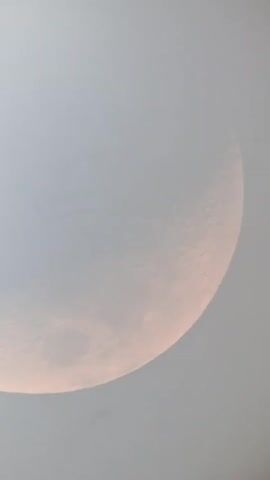 A close-up shot of the Moon is presented in the video. The Moon is in its crescent phase and is partially obscured by a light haze or clouds. The surface of the Moon is visible, showing craters and other topographical features. The color of the Moon is a pale pinkish-white, suggesting it might be illuminated by the sun during the day or at twilight. The background is a uniform light gray, indicating an overcast sky or atmospheric conditions. There are no people or other objects visible in the frame. The video shows a static shot of the celestial body.