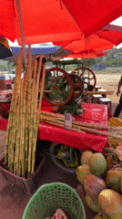 Sugarcane juice vendor operates cart in Chikkarampur, India