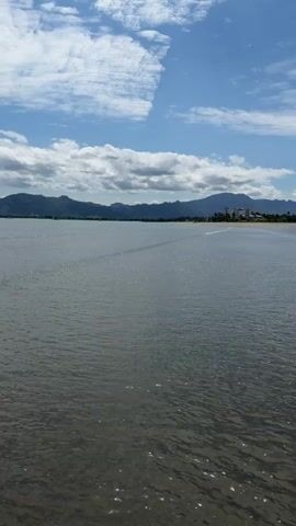 This is a vertical, slightly shaky video taken from a stationary position overlooking a body of water. The water is a murky brown and shows gentle ripples and small waves. In the distance, a chain of wakes from a boat or ships is visible, stretching across the water. Beyond the water, a hazy, mountainous coastline is visible under a bright blue sky dotted with white, fluffy clouds. Some buildings are faintly visible on the coast. The overall impression is a calm, serene natural landscape on a sunny day.