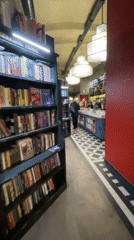 Visitor explores Saint Petersburg bookstore, captures local architecture details