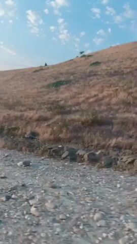The video shows a car driving along a rough, rocky road. The road is on the left side of the frame, and on the right is a dry, grassy hillside. The sky is blue with scattered white clouds. There are a few small trees and bushes scattered across the hillside, and some rocks are visible on the ground. The camera is positioned in the car, looking out the side window. The video is shaky, indicating the car is moving.