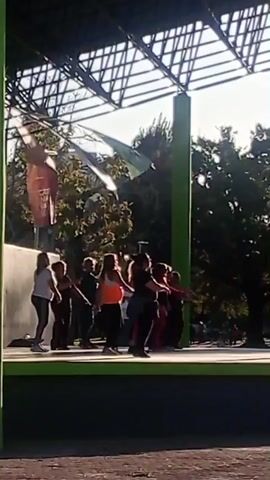 A group of people, mostly adults, are engaged in a synchronized dance or fitness routine on an outdoor stage. The stage has a bright green floor and a dark base. Above them is a large, open metal-framed roof structure, partially supported by a tall green pole. Several colorful flags or fabric banners hang from the roof's framework. The scene is brightly lit by the sun, suggesting daytime, and the background features numerous trees, indicating a park or public square setting in Villa Domínico, Argentina. The participants are moving energetically to music, appearing focused on their activity. No visible text is present in the video.