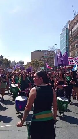 A crowd of people are marching down a sunny city street, many carrying drums. Several people are playing the drums as they march. Some people carry purple flags. There are buildings on either side of the street.