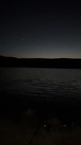 This media file captures a serene night scene at Tsonevo, Bulgaria, likely near the Tsonevo Reservoir. The time of day is dusk or very early night, as evidenced by the dark sky with a faint band of twilight colors on the horizon. The water, likely a lake or reservoir, is calm with gentle ripples, reflecting the dim light. A silhouette of a distant hill or mountain range forms the backdrop.

The foreground shows the dark shoreline with some vegetation. A fishing rod is visible in the water, suggesting the activity of fishing is taking place. There are no people visible in the frame, adding to the sense of solitude and tranquility. In the far distance, across the water, a faint cluster of lights suggests a settlement or town. The overall mood is peaceful and contemplative, a quiet moment by the water under the fading light. No text is visible in the media.