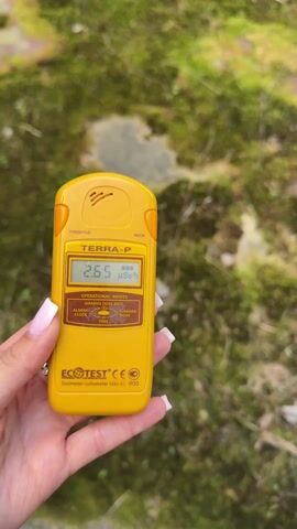 The video begins with a close-up of a yellow "Terra-P" dosimeter, held in a person's hand with manicured nails. The display reads "2.63 µSv/h", and the device is emitting a beeping sound. The background is out of focus, showing green mossy vegetation. The camera then quickly shifts to a view of a grassy area with scattered concrete debris. The camera tilts upwards to reveal a large concrete structure, possibly a cooling tower, with visible support beams and large pipes. The interior space is open to the elements.