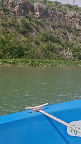 The video depicts a boat moving on a river. The boat is blue and has a few visible nautical fixtures. The river is greenish in color and the water is slightly rippled. On the riverbank, there is a dense growth of grass and shrubbery. Behind this vegetation, a tall, rocky cliff rises, covered in sparse trees and shrubs. The sky is overcast.