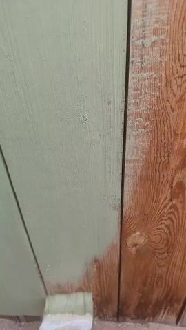 A paintbrush with green paint is being used to paint wooden planks. The planks on the left are already painted green, while the planks on the right are unpainted and show a wood grain. The brush is moving from right to left, applying the paint.