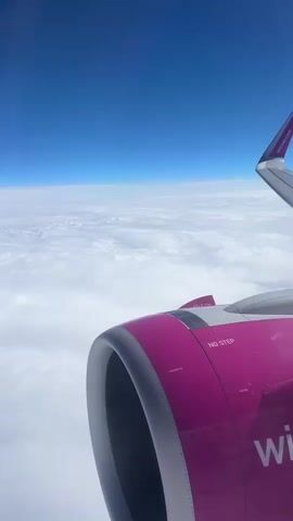 A vertical video shows an aerial view from a plane window, with a bright blue sky above and a vast expanse of white clouds below, extending to the horizon. In the foreground, the plane's bright pink engine and part of its wing are visible on the right. The engine features text that reads "NO STEP" and partially visible "wizz" branding. The view outside the window remains consistent throughout the video.