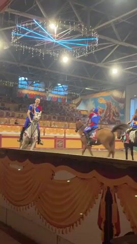 A group of performers are on horseback in an arena. One performer in blue and red is riding a white horse and appears to be moving rapidly. Another performer in blue and red is on a brown horse. A third performer in blue and gold is on a dark horse. The arena has a dirt floor and is decorated with colorful backdrops and banners. Lights are suspended from the ceiling, and there are seats visible in the background.