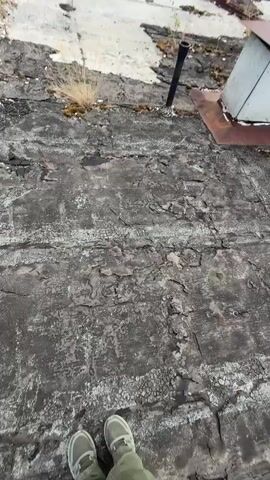 The video begins with a blurry, shaky shot of a decaying, rough surface, possibly concrete or asphalt, on what appears to be a rooftop. There are some hints of reddish-brown structures and green foliage in the background. The camera then stabilizes, revealing a young woman taking a selfie. She is wearing a green plaid shirt, a green bucket hat, and a black bag is slung across her chest. She is standing on a similar weathered rooftop. Behind her, a cityscape with trees and buildings is visible under a cloudy sky. She smiles at the camera and adjusts her hat. The scene appears to be an abandoned or overgrown urban environment.