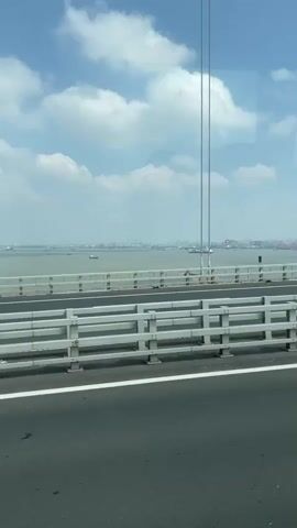 The video shows a view from a vehicle moving across a bridge on a bright, partly cloudy day. A dark brown SUV passes by in the adjacent lane. Beyond the bridge's guardrail, there is an expanse of water with distant buildings and boats. The bridge has tall poles and lampposts. The road is black asphalt with white lane markings. The sky is blue with fluffy white clouds.