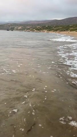 The video shows a beach scene with waves gently rolling onto a sandy shore. The water is relatively calm, with small waves creating white foam as they break. In the background, there is a sandy beach with a few people scattered along it, and beyond that, rolling hills covered in sparse vegetation. The sky is overcast, suggesting a cloudy or twilight atmosphere. The camera is positioned low, close to the water's edge, providing a close-up view of the incoming waves and the wet sand. The overall impression is one of a peaceful coastal environment.