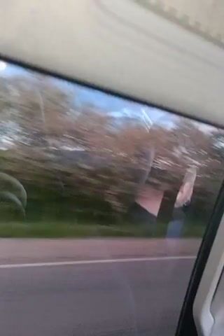 The video shows a view from inside a vehicle, looking out the side window. The landscape outside is blurred due to motion, suggesting the vehicle is in transit. Green trees and bushes line a road, and in the distance, rolling hills are visible under a partly cloudy sky. The sky appears to be a mix of blue and pinkish hues, possibly indicating sunrise or sunset. Reflections are visible on the window, including a person's arm and hand holding a smartphone, suggesting the video is being recorded by a passenger. The interior of the vehicle, including a ceiling light fixture and part of the door frame, is also visible.