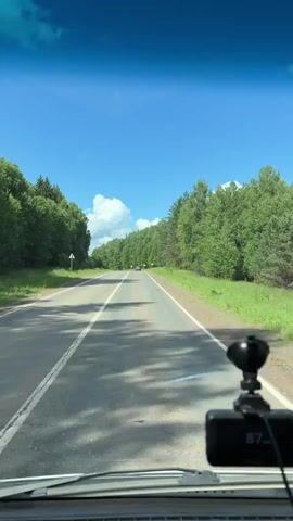 The video shows a point-of-view shot from inside a vehicle traveling on a paved two-lane road. The road is flanked by lush green trees on both sides, with a bright blue sky and scattered white clouds overhead. The sun is shining, casting shadows on the road. A dashcam is visible mounted on the windshield in the foreground, displaying a speed reading that changes from 87 to 84. A white road sign with a black symbol is visible on the left side of the road in the distance. Several other vehicles are present on the road, including a silver car ahead and a darker vehicle further down. The environment appears to be a rural or suburban setting during the daytime.