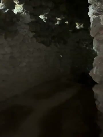 The video captures a first-person perspective of someone moving through a dark, narrow tunnel or cave. The passage is characterized by rough, irregularly shaped stone walls and a similarly constructed ceiling. Numerous small, uneven openings in the ceiling allow shafts of natural light to filter through, creating a dappled effect on the floor and illuminating parts of the stony overhead structure. The floor appears to be made of packed dirt. As the camera advances, the tunnel seems to narrow, leading into sections where the natural light becomes scarcer, increasing the darkness within. The construction style suggests either a natural cave system or a rustic, possibly ancient or military, man-made underground passage. A person's voice can be heard in the background, implying the presence of an individual or group exploring the area. There is no visible text. The scene evokes a sense of historical exploration within an enclosed, earthy environment.