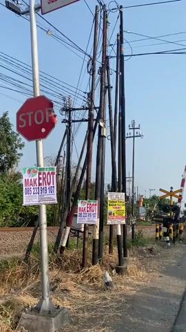 The video shows a railway crossing on a sunny day. In the foreground, there are several utility poles with wires attached. Two signs are attached to the poles, one with red and green text and an image of fruit, and another with black text on a white background. A yellow and red striped barrier arm of the railway crossing is raised, indicating that trains are not currently passing. The crossing itself is equipped with warning lights and signage. Beyond the crossing, a road is visible with several vehicles, including motorcycles and a truck. The background consists of trees and vegetation under a clear blue sky. The overall environment appears to be a rural or semi-urban area.