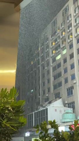 A video captures a view of a tall apartment building at night, with rain falling heavily. The camera is positioned behind some greenery and looking through an opening in a structure. The building is illuminated by internal lights from its many windows. In the foreground, the leaves of some plants are visible, and a table with an ashtray can be seen. The rain creates a curtain effect, obscuring some details of the building and the sky. The overall scene suggests an urban environment experiencing inclement weather.