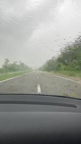 The video shows a car driving on a wet road in heavy rain. The camera is positioned inside the car, behind the windshield. The windshield is covered with raindrops, and visibility is limited. The road is asphalt and has a white dashed line marking the center. There are green trees and vegetation on either side of the road. Scattered debris, likely leaves and small branches, is visible on the road surface. In the distance, the red tail lights of another vehicle are visible. The sky is overcast and gray. The overall atmosphere is one of inclement weather and limited visibility.