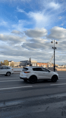 Dog walker crosses street near Saint Petersburg bridge