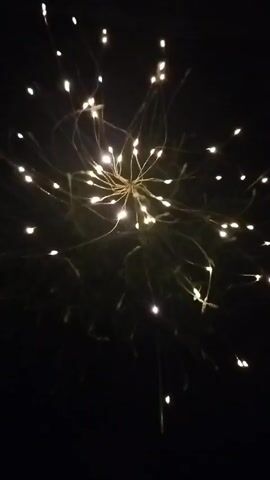 A close-up shot of a string of fairy lights is presented against a dark background. The lights, arranged in a starburst pattern, are small and appear to be attached to thin wires. The wires extend outwards from a central point, creating a dynamic, almost explosive effect. Some of the lights are in focus, appearing as bright, distinct points, while others are slightly blurred, suggesting movement or a shallow depth of field. The background is predominantly black, with hints of dark green foliage visible behind the lights, indicating an outdoor setting. The overall impression is one of festive illumination, possibly for decoration or a special occasion.