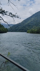 Motorboat on a calm forested river in Mirveti, Georgia